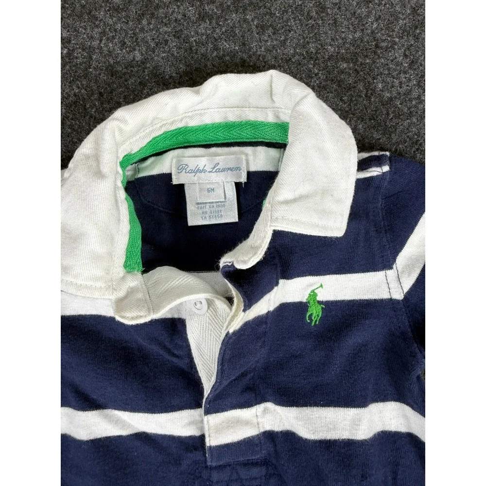 Ralph Lauren Romper Kids 6M Navy Blue White Striped Long Sleeve Cotton Rugby